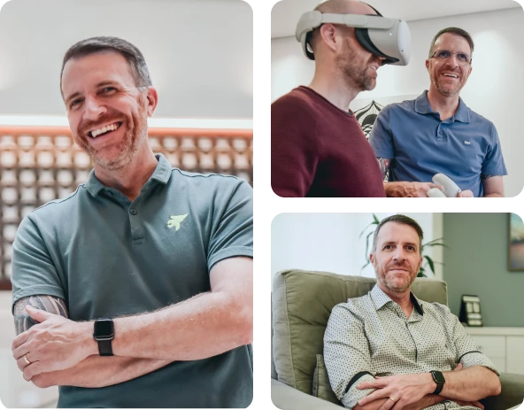 Psicólogo em retratos profissionais e momentos de atendimento clínico em ambiente terapêutico